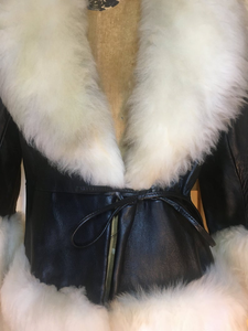 60s Mod Black Leather Coat and White Sheep Shearling Princess XS/S Penny Lane Almost Famous Boho Mod