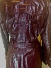 Load image into Gallery viewer, Vintage 70s Leather Coat Spy Unisex Trench Belted Fit and Flare Burgundy Oxblood M