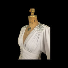 Load image into Gallery viewer, 80’s does 20’s Art Deco Chiffon Beaded Dress in Pearl Gray Fitted Waist full skirt