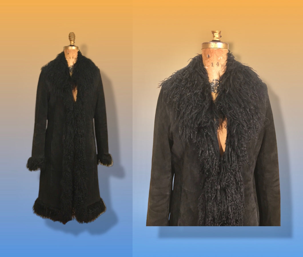 70’s 80’s Vintage Black Suede Coat Mongolian Curly Lamb Penny Lane Boho Long