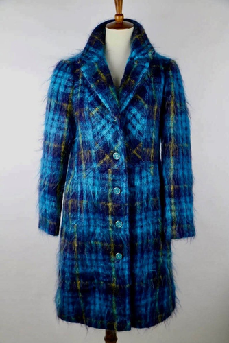 Anna Sui Couture Plaid Blue Purple Long Hair Mohair Shaggy Soft Coat S/M