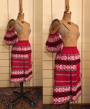 Load image into Gallery viewer, Vintage 70s Matching Skirt and Purse Set Ethnic South American Red White Cotton with Wicker Handle Bag up to 36" Waist Skirt Boho Brocade