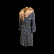 Load image into Gallery viewer, 60’s 70’s Blue Carpet Coat Needlepoint Tapestry with Norwegian Fox Fur Belted