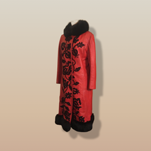 Load image into Gallery viewer, Vintage 70’s 80’s Embroidered Red Leather Coat Black Fox Fur Trim