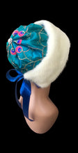 Load image into Gallery viewer, Himalayan Hat with Blonde Mink and Raw Silk Embroidered Peacock Crystal