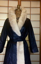Load image into Gallery viewer, Piano Key Black Leather Trench with Cream Azurene Mink Asymmetrical Trimmed Coat 60s 70s Mod Hippy Pane Lane Almost Famous S/M/L