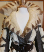 Load image into Gallery viewer, 60s Mod Mink Geometric Coat/ Patchwork Mosaic Mink Leather Fur Tourmaline Jacket Brown and White Fur S,M