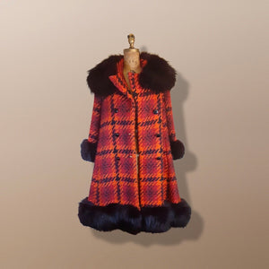 60’s Scottish Knit Plaid Red LIlli Ann Coat with Fox Fur Trim