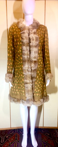 70s Yellow Green Suede and Coyote Fur Hand Embroidered Floral Turkish Afghan Coat Penny Lane Almost Famous Boho Hippy M/L