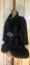 Load image into Gallery viewer, Vintage 60s Coat-- Velvet Genuine Fox Fur Black Swing or Princess Style Faux Persian Lamb Crystal Belt Pinup Mod S/M/L