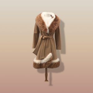 60’s Vintage Camel Coat  with Fur Trim Vicuna-Printed Fit Flare Wrap Style Wool Cashmere Blend