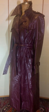Load image into Gallery viewer, Vintage 70s Leather Coat Spy Unisex Trench Belted Fit and Flare Burgundy Oxblood M