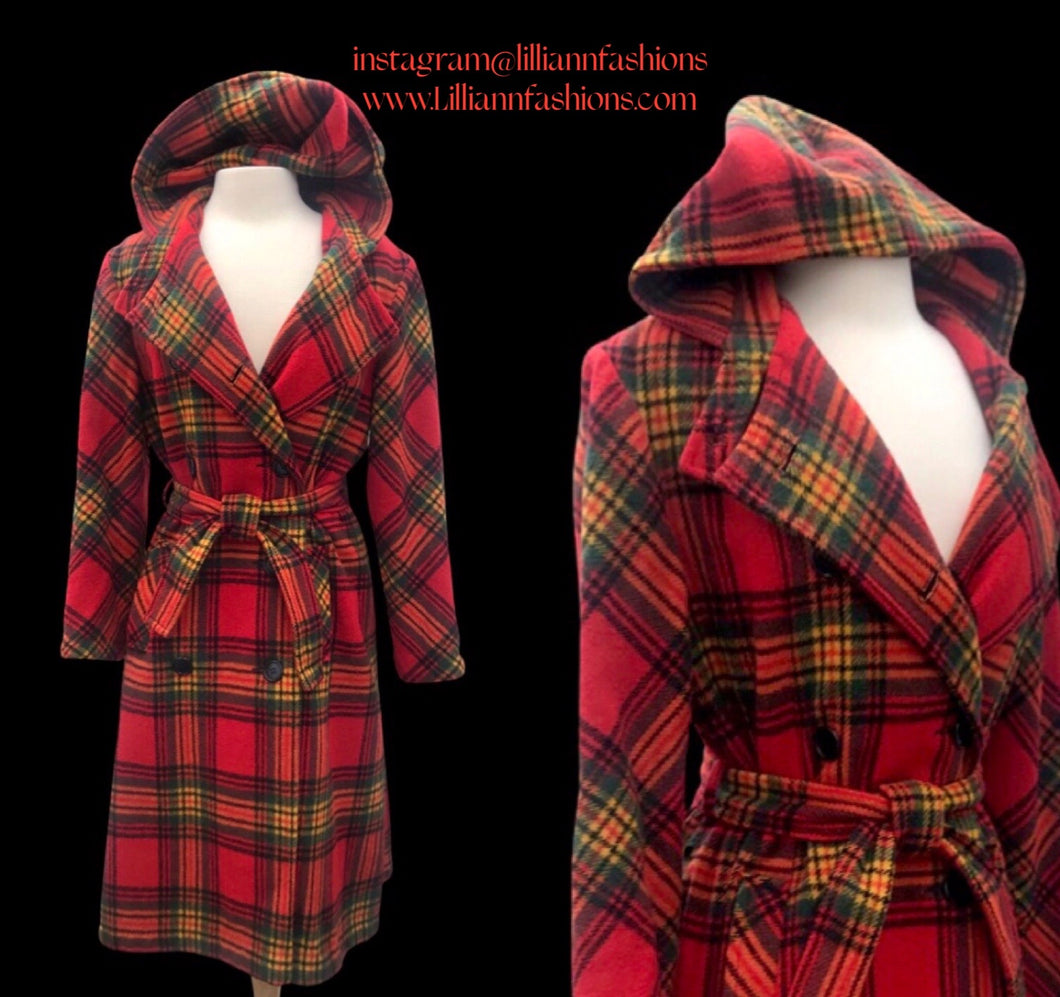 Vintage 60’s 70’s Red Plaid Hooded Wool Belted Coat