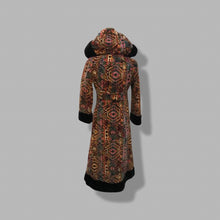 Load image into Gallery viewer, 60’s 70’s Vintage Carpet Coat Needlepoint Hooded Sherpa Trim Fit and Flare