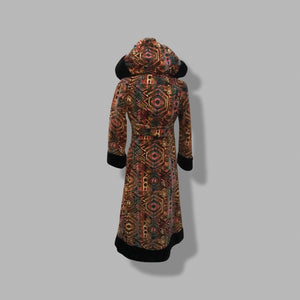 60’s 70’s Vintage Carpet Coat Needlepoint Hooded Sherpa Trim Fit and Flare