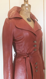 Rust Orange Cognac Color Soft Kid Leather Princess Fit and Flare Trench Spy Coat Wide Collar Classic 70s Small Petite