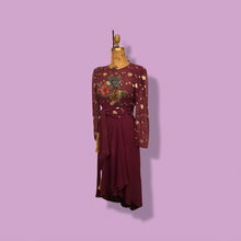 Load image into Gallery viewer, 70’s 80’s Vintage Bergundy Purple Chiffon High Low Floral Dress Tassle Extra Belt