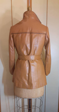 Load image into Gallery viewer, 70s Caramel Tan Leather Coat Vintage Women's Fit Flare Multi Pockets Career Boho Removable Sherpa Liner Montgomery Ward "short trench/spy"