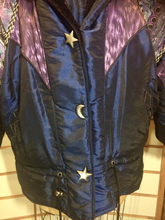Load image into Gallery viewer, Vintage 80s 90s Glam Street Wear Puffer Purple Patchwork Blue Moon Velvet Tapestry Hooded Coat Irridescent L/XL