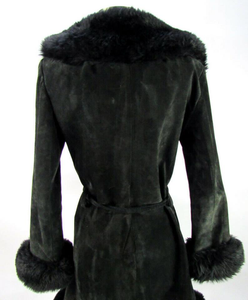 Black Suede 70s Shearling Leather Penny Lane Coat Almost Famous S/M Mid Length Boho Goth Hippy Princess