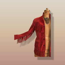 Load image into Gallery viewer, 70’s Red Thick Suede Fringe Coat Cowgirl Cowboy Southwestern Native American Style Boho Hippy