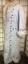 Load image into Gallery viewer, 70s Suede Shearling Embroidered Coat Full Length White Genuine Afghan ICONIC 70's Penny Lane Rocker Almost Famous M/L