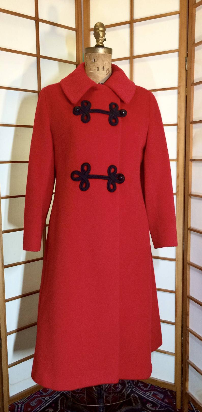 Red Stevens Forstmann Coat Wool Asian Inspired Vintage 60s M L