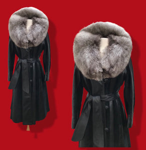 70’s Spy Trench Black Leather with Suede inlay Fox fur Removable Collar