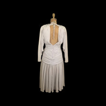 Load image into Gallery viewer, 80’s does 20’s Art Deco Chiffon Beaded Dress in Pearl Gray Fitted Waist full skirt