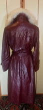 Load image into Gallery viewer, Vintage 70s Leather Coat with Removable Silver Fox Fur Collar Spy Trench Belted Fit and Flare Burgundy Oxblood Maroon Reddish Brown M/L