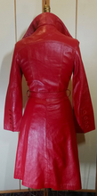 Load image into Gallery viewer, Red Leather Trench Spy Coat Petite Extra Small Braided Collar Fit and Flare 70s