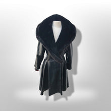 Load image into Gallery viewer, Black Lamb Leather Princess Coat Couture Made in France Massive Shearling Fox Collar