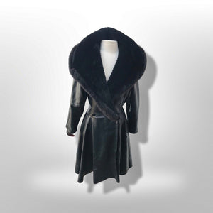 Black Lamb Leather Princess Coat Couture Made in France Massive Shearling Fox Collar