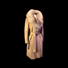 Load image into Gallery viewer, Camel Beige Tan Wrap Coat with Silver Fox Collar
