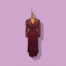 Load image into Gallery viewer, 70’s 80’s Vintage Bergundy Purple Chiffon High Low Floral Dress Tassle Extra Belt