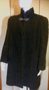 40s Curly Wool Coat With Jeweled Clasp M/L Film Noir