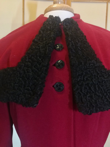 40s Deep Red New Look Cape/Capelet Coat Wool with Persian Karakul Lamb 3 Styles in 1 S/M Film Noir Victorian Steampunk Valentine's Day