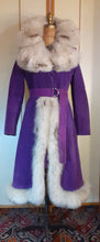 Load image into Gallery viewer, Vintage Women's Coat- Purple Suede 70s Silver Fox Fur Trimmed Princess Pinup Hippy Coat Afghan Penny Lane Almost Famous