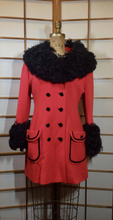 Load image into Gallery viewer, 60s Lilli Ann Coat-- Bright Orange/Red Mod Knit Double Breasted Huge Mongolian Curly Lamb Shearling Collar and Cuffs S/M/L