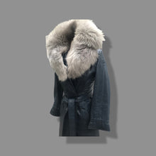 Load image into Gallery viewer, 70’s Spy Trench Leather Coat with Removable Shearling Collar Dark Blue