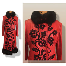 Load image into Gallery viewer, Vintage 70’s 80’s Embroidered Red Leather Coat Black Fox Fur Trim