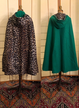 Load image into Gallery viewer, Vintage 70s Reversible Cape Green/Leopard Print Thick Wool Long Hooded Boho Renaissance Hippy Burning Man Unisex One Size Fits All