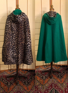 Vintage 70s Reversible Cape Green/Leopard Print Thick Wool Long Hooded Boho Renaissance Hippy Burning Man Unisex One Size Fits All