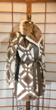 Load image into Gallery viewer, 60s Geometric Mink Leather Coat --Mod Mosaic Mink White and Brown Patchwork ColorBlock Coat S/M