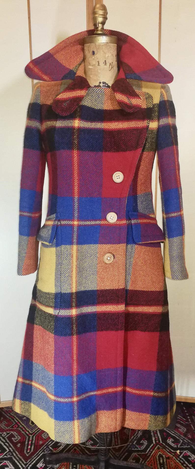 70s Plaid Coat Matching Hat Burberry Style Wool Made in Italy Like