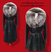 Load image into Gallery viewer, 70’s Spy Trench Black Leather with Suede inlay Fox fur Removable Collar