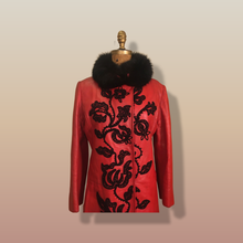 Load image into Gallery viewer, Vintage 70’s 80’s Embroidered Red Leather Coat Black Fox Fur Trim