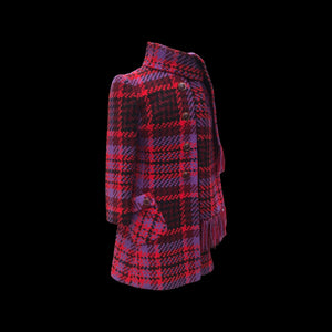 60’s Coat Pink Purple Red Plaid Thick Woven Wool Attached Scarf