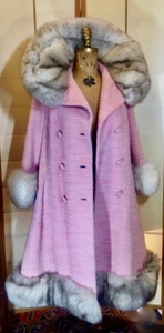 60s Baby Pink Lilli Ann Princess Mod Double Breasted Norwegian Silver Fox Fur Coat Thick Wool Swing or Fit and Flare