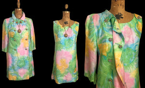 60’s Shift Dress and Coat Set by I. Magnin Pastel Floral Pink Blue Crystal Buttons